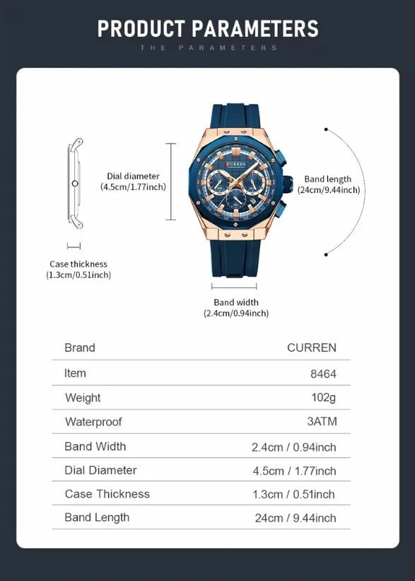 CURREN 8464 Sport Silicone Band Watches Men Brand Waterproof Chronograph Quartz Watch