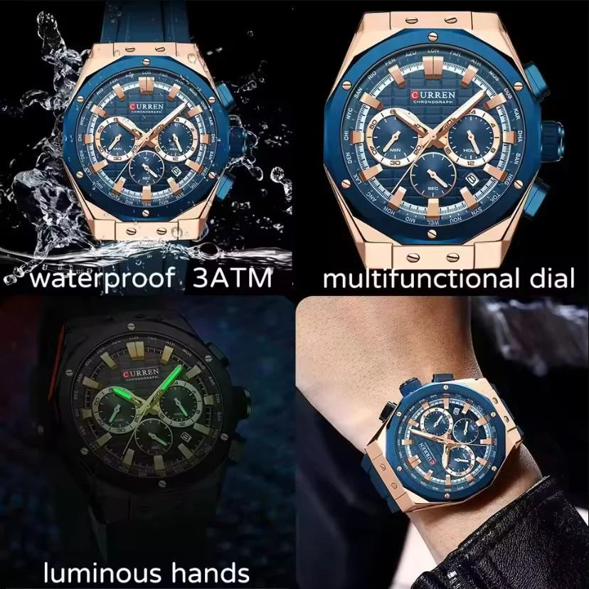 CURREN 8464 Sport Silicone Band Watches Men Brand Waterproof Chronograph Quartz Watch