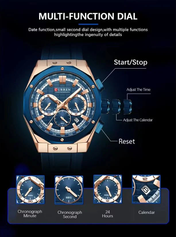 CURREN 8464 Sport Silicone Band Watches Men Brand Waterproof Chronograph Quartz Watch