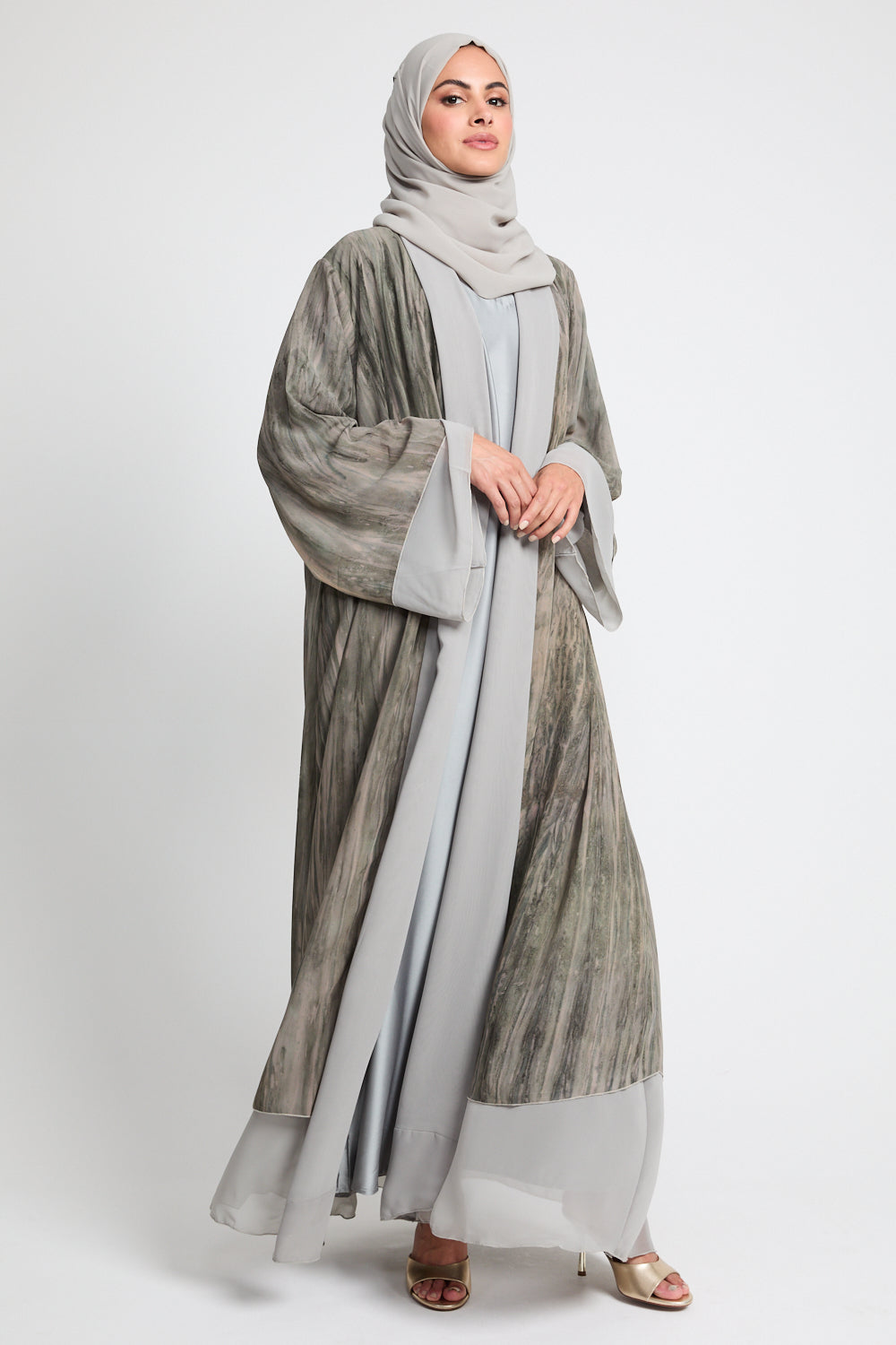 Luxury Mirage Chiffon Layered Open Abaya - Dusty Olive