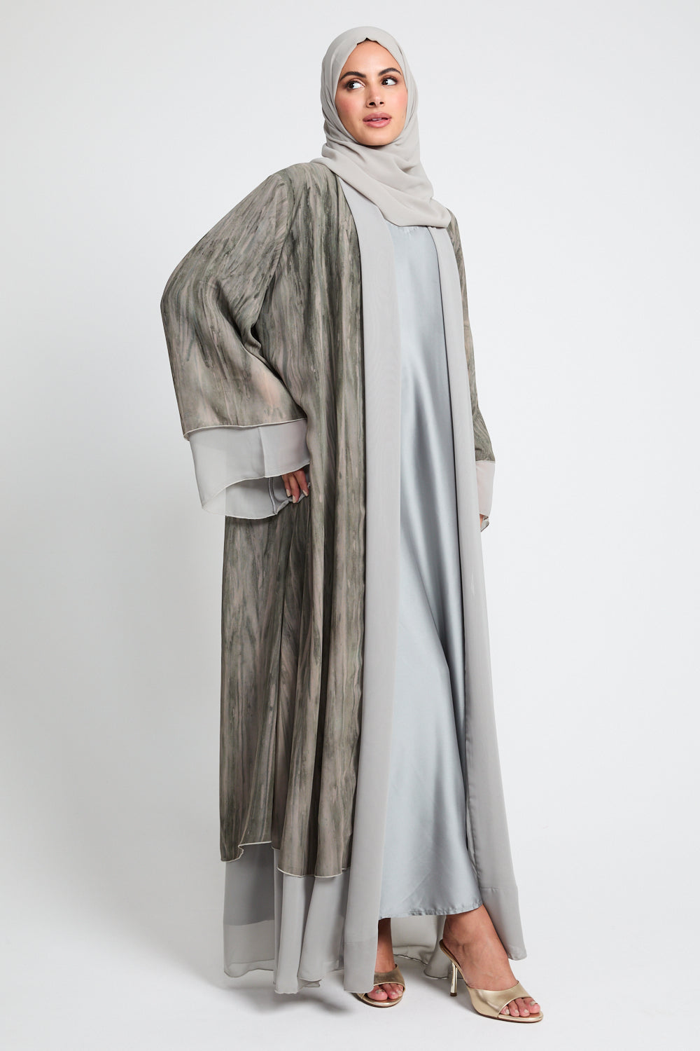 Luxury Mirage Chiffon Layered Open Abaya - Dusty Olive