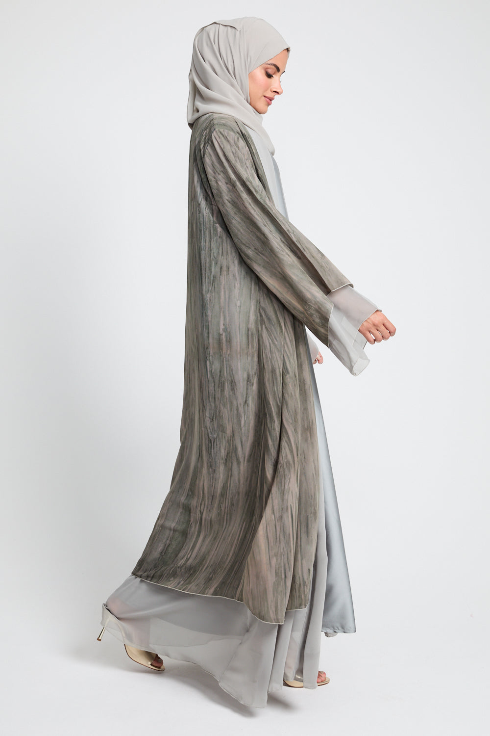 Luxury Mirage Chiffon Layered Open Abaya - Dusty Olive