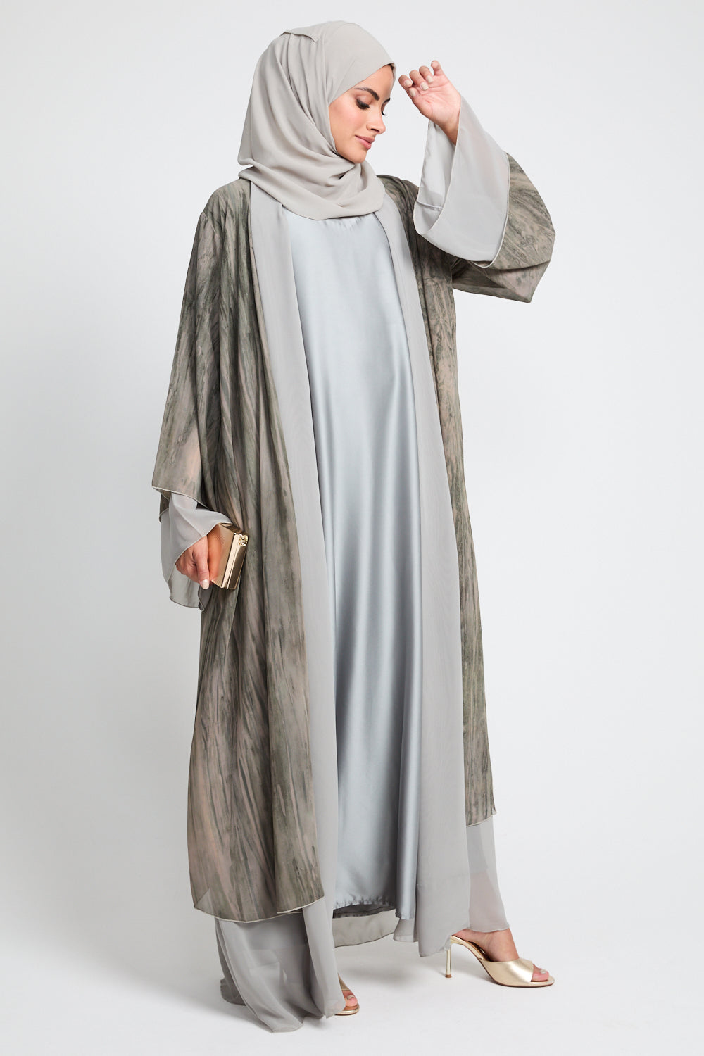 Luxury Mirage Chiffon Layered Open Abaya - Dusty Olive
