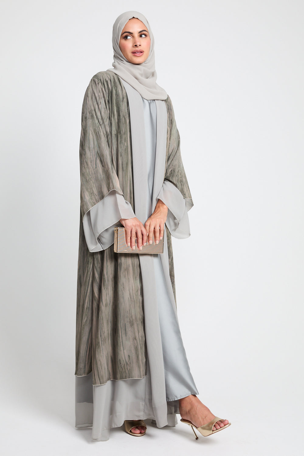 Luxury Mirage Chiffon Layered Open Abaya - Dusty Olive