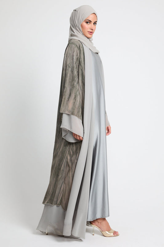 Luxury Mirage Chiffon Layered Open Abaya - Dusty Olive