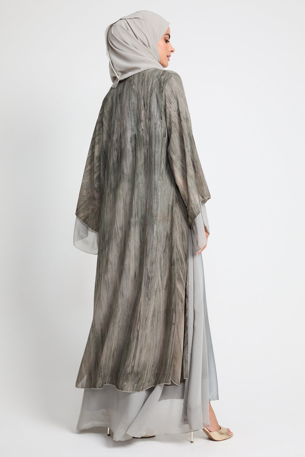 Luxury Mirage Chiffon Layered Open Abaya - Dusty Olive