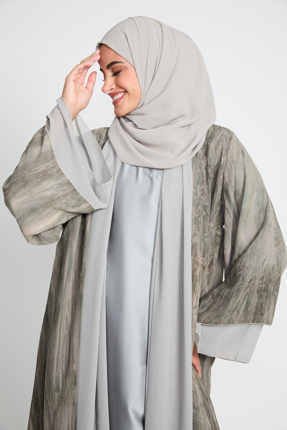 Luxury Mirage Chiffon Layered Open Abaya - Dusty Olive
